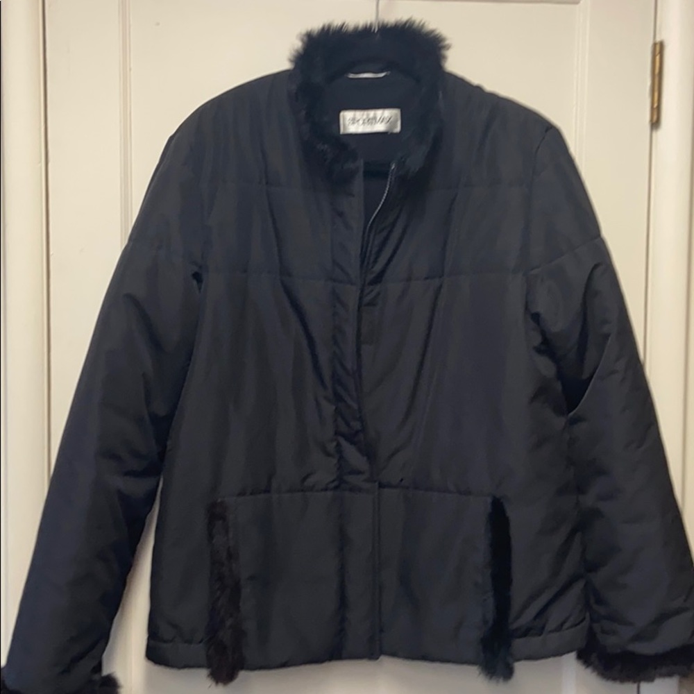 SPORTMAX (Max Mara) light winter coat with rabbit fur trim.
